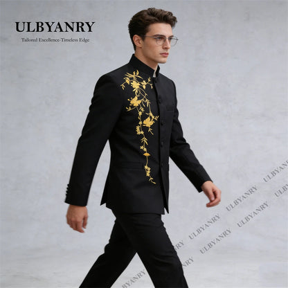 ULBYANRY Traditional Suit Set for Men, Stand Collar Single Row Suit, Wedding Groom Suits Men's Slim Fitting Tuxedo Jacket Pants
