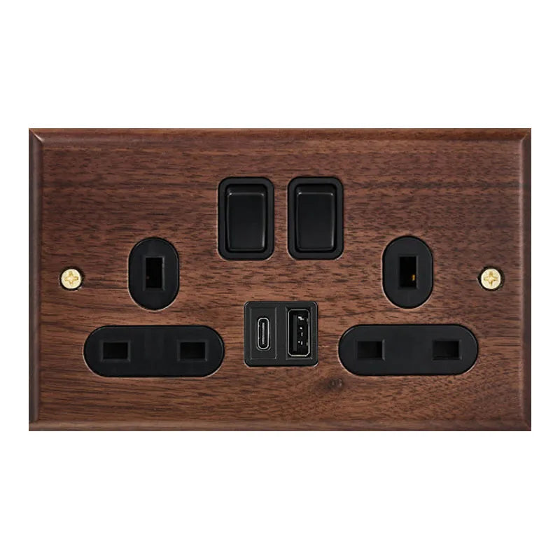 Black walnut wood retro British light switch socket, bedside wall lamp switch LED dimmer, pure wood brass toggle switch board