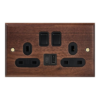 Black walnut wood retro British light switch socket, bedside wall lamp switch LED dimmer, pure wood brass toggle switch board