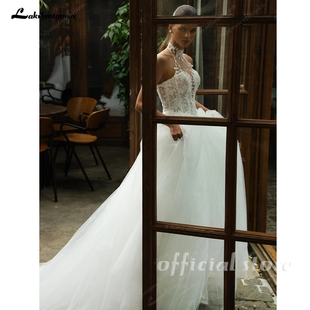 Lakshmigown Halter Illusion Wedding Dresses Lace Applique Beading Tulle A-line Bridal Gown Luxury Women's Bride Dress Customized