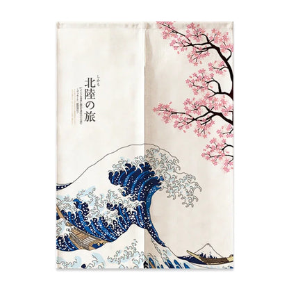 VIKAMA Japanese Linen Door Curtain Noren Half Curtain for Kitchen Bedroom Entrance Décor Customizable Mount Fuji Waves Partition