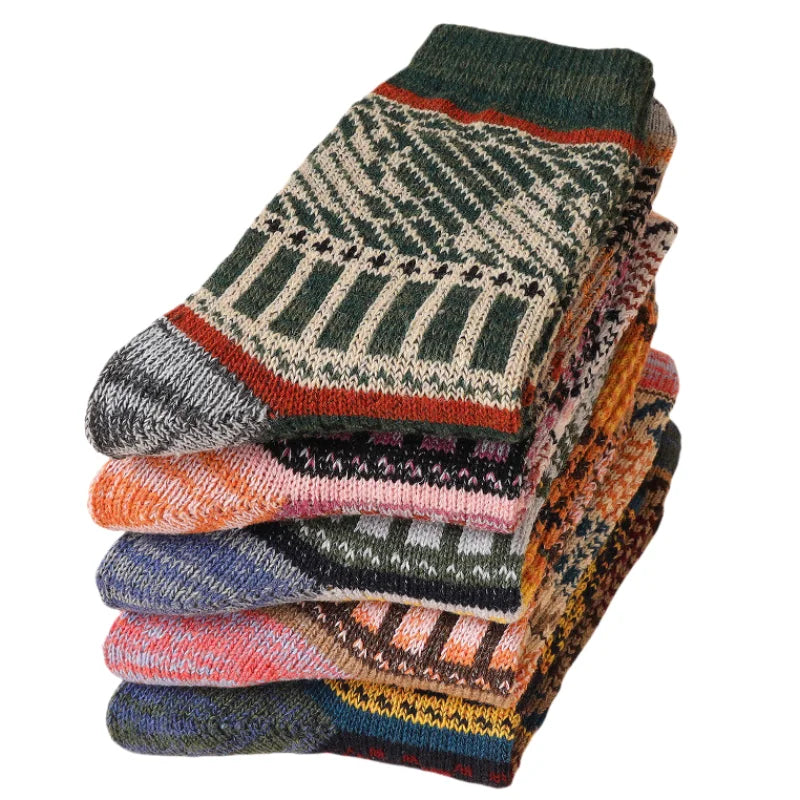 5pairs Unisex Ethnic Style Vintage Thick Wool Warm Crew Men Socks Soft Ultra-Comfortable High Quality Breathable Women's Sock