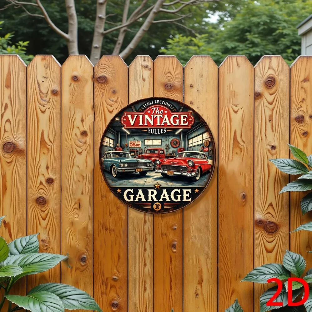 Vintage Retro Garage Aluminum Round Wall Plaque: 2D Flat Metal Sign with Classic Cars & Tools Design – for Bars, Cafes,