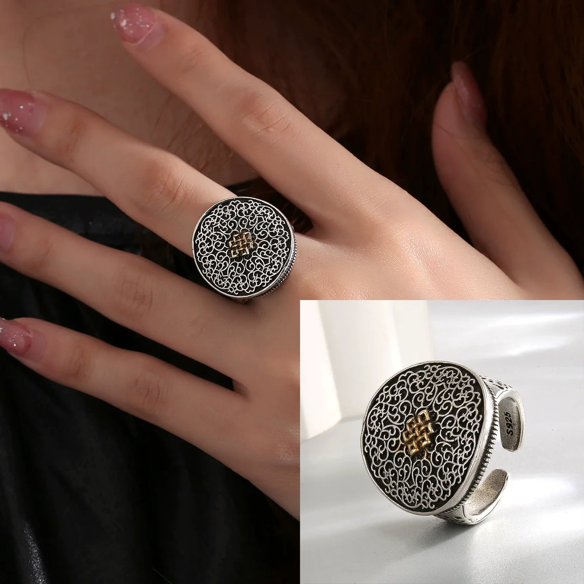 VENTFILLE 925 Sterling Silver Rings INS Fashion Hip Hop Vintage Couples Hollow Lines Punk Thai Silver Party Adjustable  Jewelry