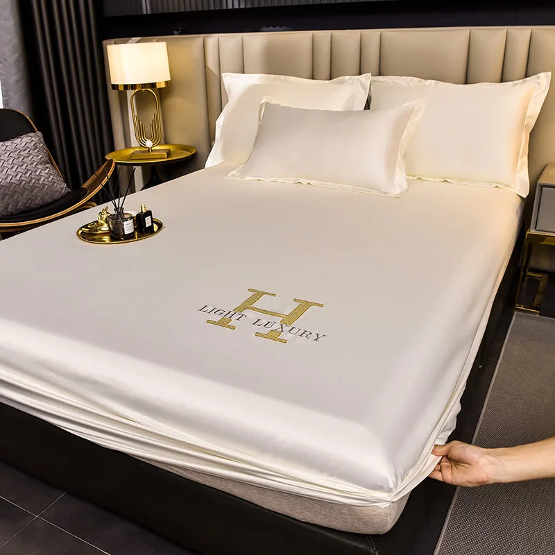 High-end Satin Fitted Sheet with Elastic Band Solid Color Silky Bed Sheet Smooth Non-Slip Mattress Cover Bedspreads Bed Linen