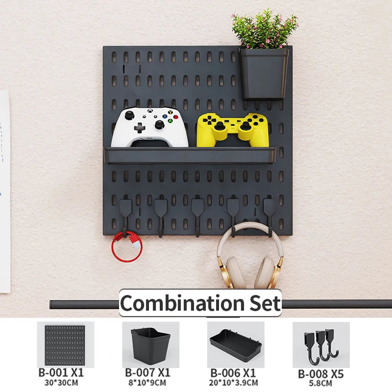 No Drill Pegboard Wall Rack Gaming Room Storage for Controllers Headphones Figures Keyboard Hooks Shelf