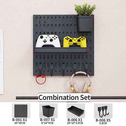No Drill Pegboard Wall Rack Gaming Room Storage for Controllers Headphones Figures Keyboard Hooks Shelf