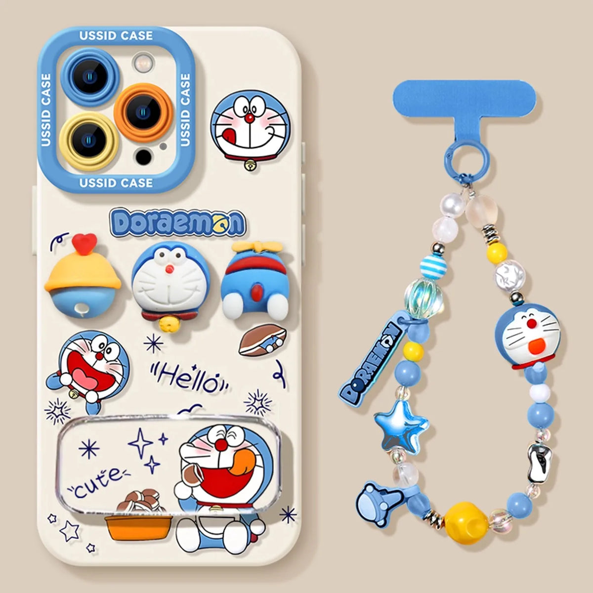 Ussid Case Phone Case Cartoon Doraemon With Mirror Lanyard Kickstand Cute Aesthetic For Iphone 17 16 Pro Max 15 14 13 12