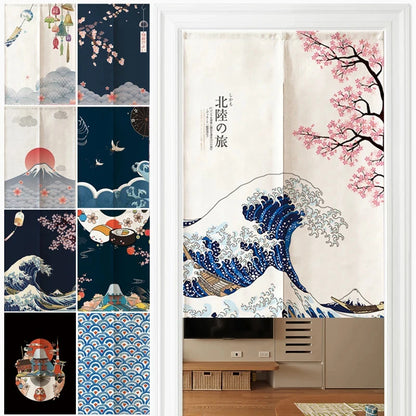 VIKAMA Japanese Linen Door Curtain Noren Half Curtain for Kitchen Bedroom Entrance Décor Customizable Mount Fuji Waves Partition