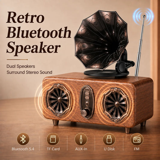 Retro Bluetooth Speaker,FM Radio Vintage Speaker Bass with USB TF AUX Player | Old Fashion Classic Style for Home, Office, Gift