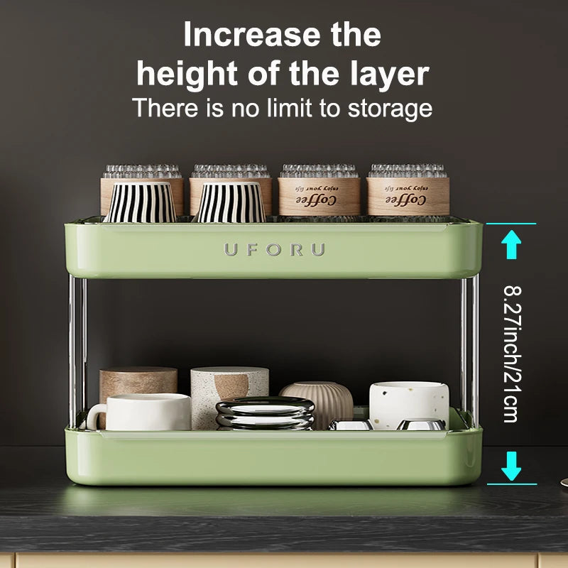 UFORU Kitchen and Multi-Function Drain Cup Rack in Ancient Home Tea Cup Storage Rack with Double Layer Large Capacity Organizer