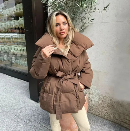 Zekye Down Jacket Warm Waist-cinching Long-sleeve Tied-waist Loose Solid-color Fashionable Women's Winter Jacket Lightweight