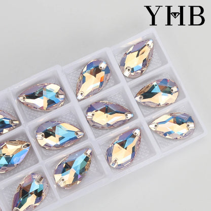 YHB Drop Moonlight Glass Lt Siam Crystal AB Sewing Stones Flatback Sew on Rhinestones For Garment Clothes Bags