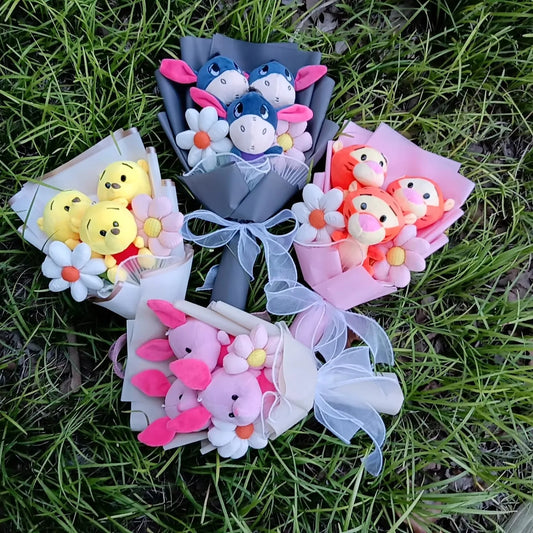 Cartoon Winnie the Pooh Pig Plush Bouquet Handmade Flower Bouquet Plush Doll Wedding Graduation Valentine Christmas Birthday Gif