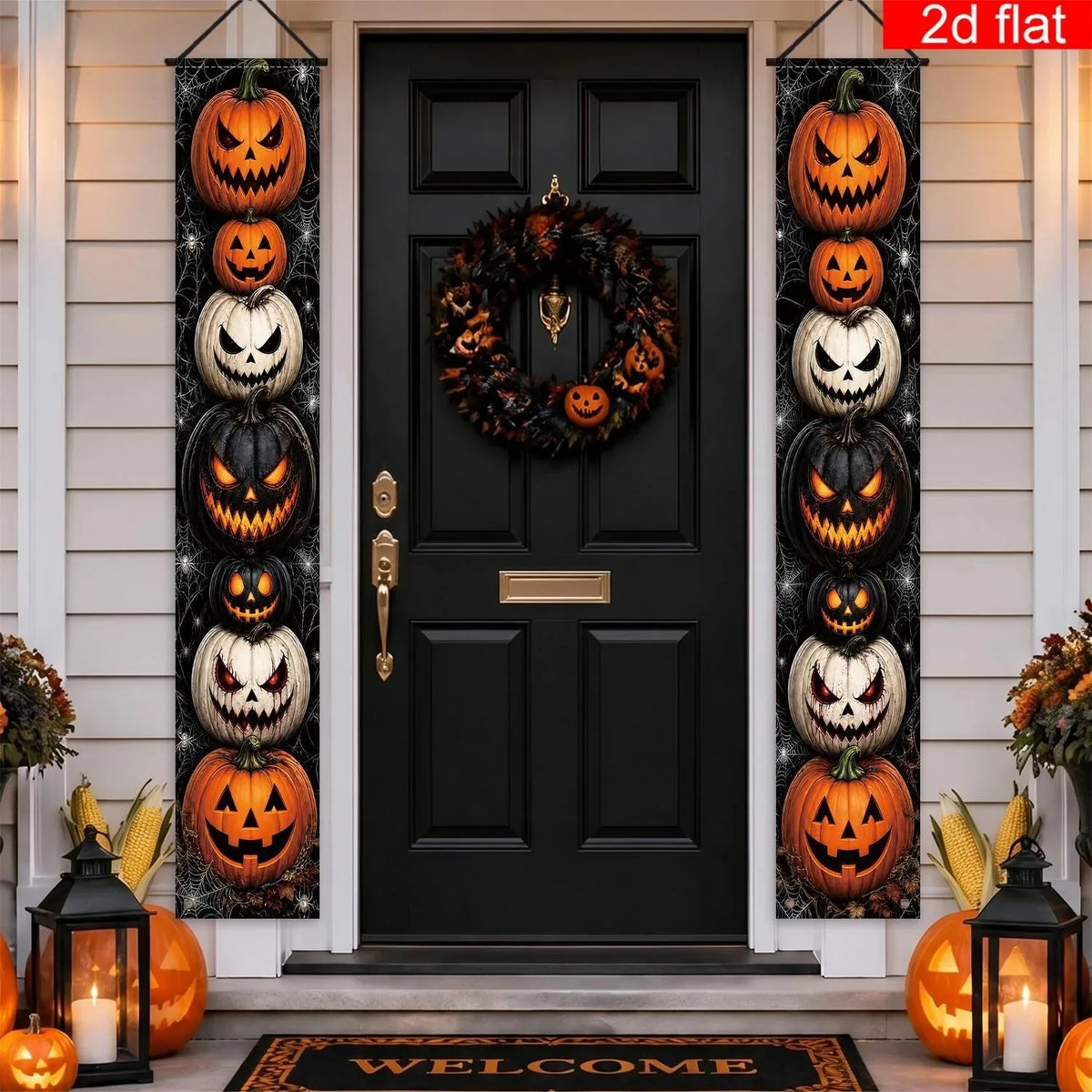 Halloween Porch Vertical Banner Set Scary Jack O Lantern Pumpkin Spider Web Hanging Sign for Outdoor Halloween Party Decorations