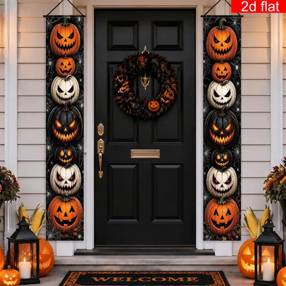 Halloween Porch Vertical Banner Set Scary Jack O Lantern Pumpkin Spider Web Hanging Sign for Outdoor Halloween Party Decorations