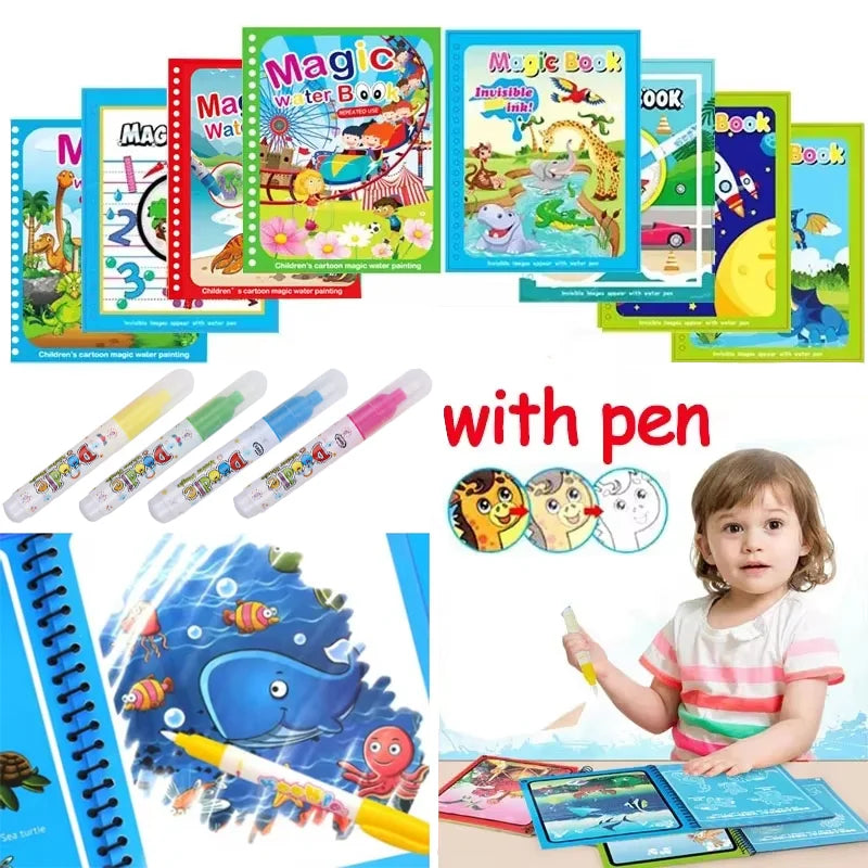 Magic Water Coloring Book With Refillable Water Pen Montessori Coloring Books Early Education and Learning Puzzle Drawing Toys