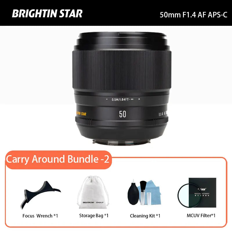 Brightin Star 50mm F1.4 AF APS-C Auto Focus DSLR Lens for Sony E ZVE10 A6400 a6000 A7 a5000 Fuji XF XT50 XPRO XA XH XM5 XE5