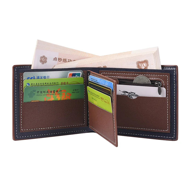 New PU Leather Men's Short Wallet Two Fold Design, Black/Coffee Retro Style, Coin Purse with ID Card Holder, Suitable for Men