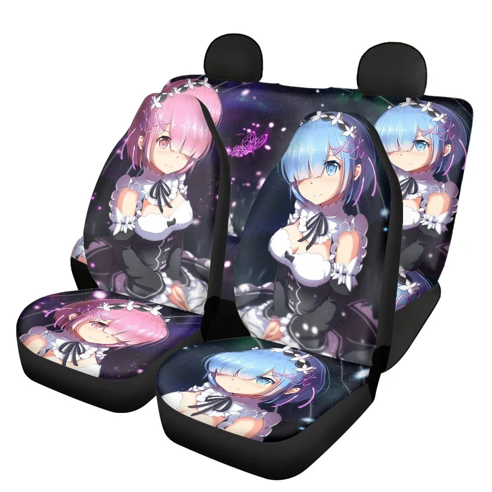 anime car seat covers featuring Rem and Ram in colorful designs on black background for front seats