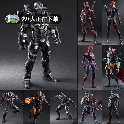 Iron Man, War Machine, Spider-Man, Captain America, Black Panther. Marvel action figures.