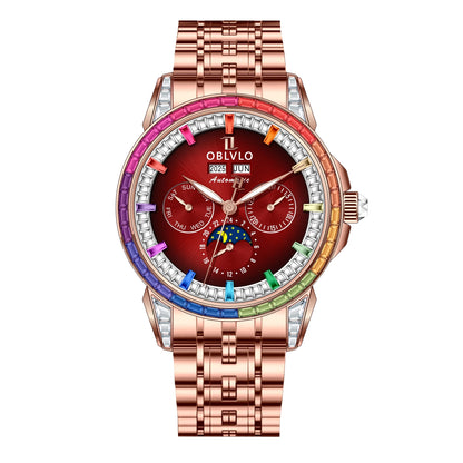 OBLVLO Men's Fashion Automatic Watch Colorful Zircon Moonphase Mechanical Multifunctional Black Leather Strap Timepiece GCM-MUT