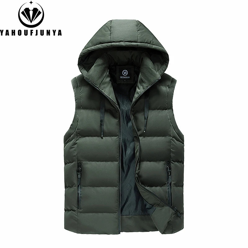 Men Autumn Sleeveless Outdoors Casual Solid Warm Vest Men Winter Detachable Hooded Fleece Pocket Zipper Fashion Vest Male Coat
