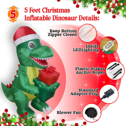 1.5m Christmas Inflatable Dino Giftbox LED Lighted Blow Up Outdoor Yard Lawn Decoration for Home Garden Winter Holiday Party