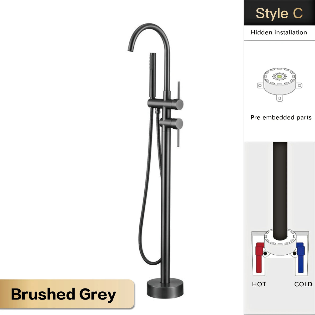AITANA Luxury Black Brass Bathroom Faucet. Floor Standing Design with Simple 2 Handle Hot and Cold Bathtub and Dual-Mode Faucet