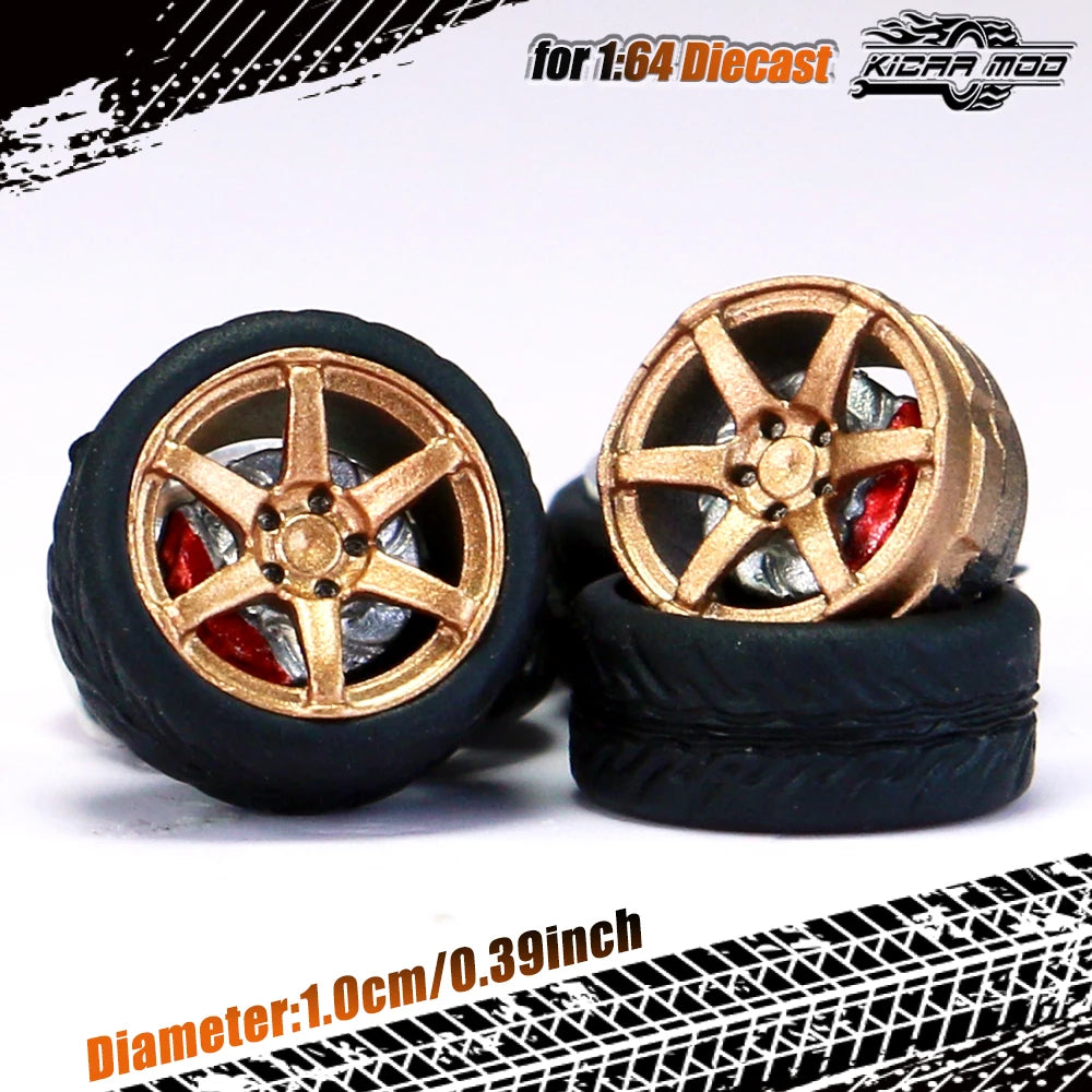 Kicarmod 1/64 Model Car ABS Wheels with Rubber Tire Brake Disc Refitting Parts Diameter 10mm For Model Car Tomica