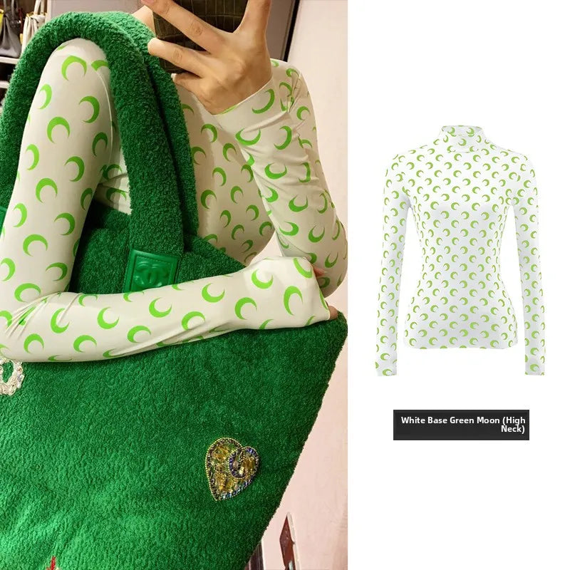 Ice Silk Two Piece Set Womens Sun Protection Clothes Long Sleeve Moon Print Top and Pants American Retro Sexy Autumn New