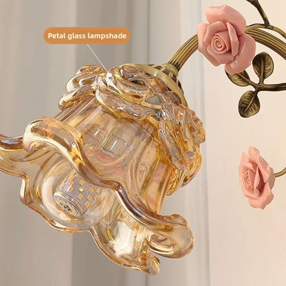 French Vintage Rural Romantic Ceramic Flower Luxury High-End Eye-Friendly Full-Spectrum Dining Room Full Copper Glass Wall Lamp