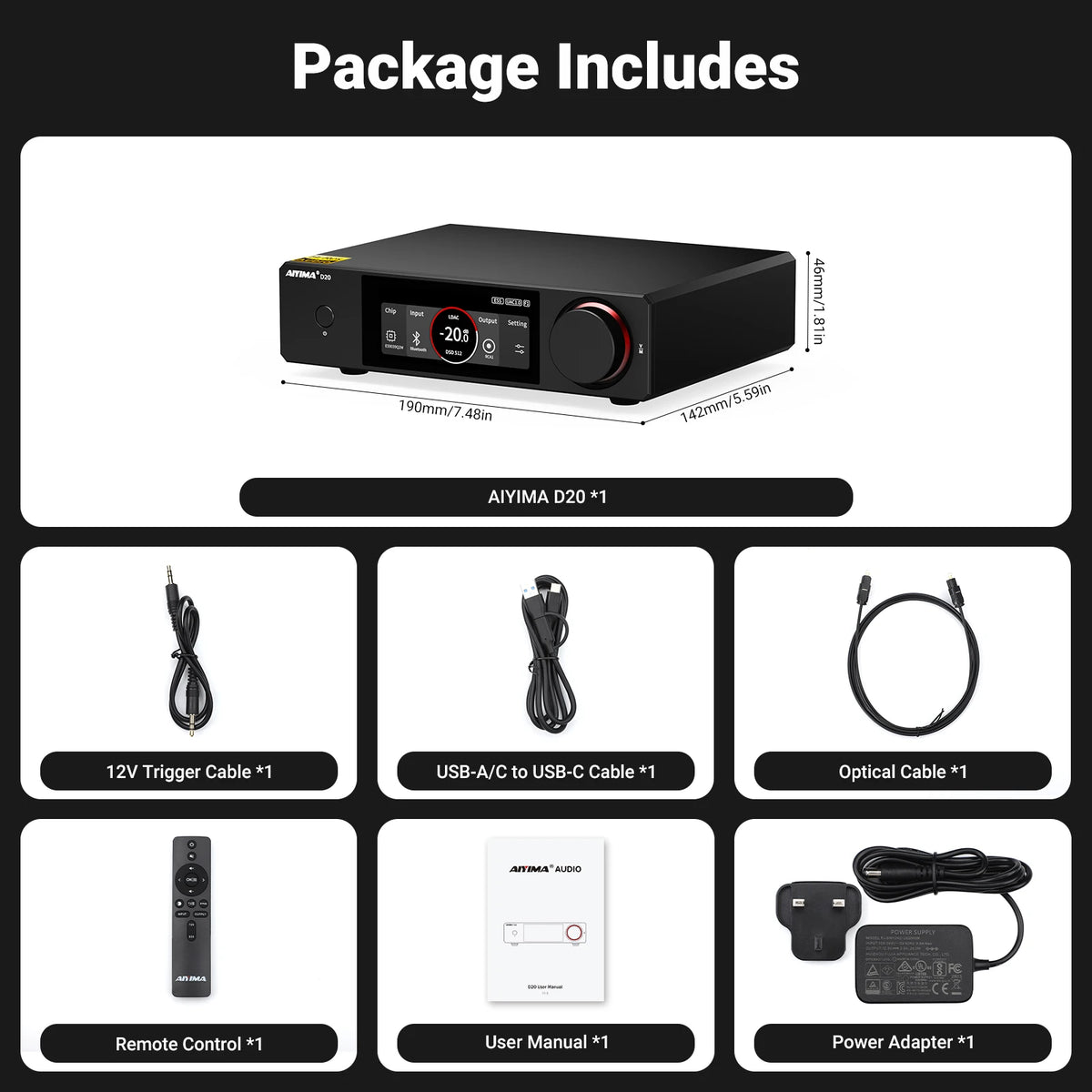 AIYIMA D20 Dual-Chip DAC ES9039Q2M & AK4493S Bluetooth 5.1 ARC USB Coaxial Dual Optical XU316 Fully Balanced HiFi Audio Decoder