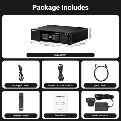 AIYIMA D20 Dual-Chip DAC ES9039Q2M & AK4493S Bluetooth 5.1 ARC USB Coaxial Dual Optical XU316 Fully Balanced HiFi Audio Decoder
