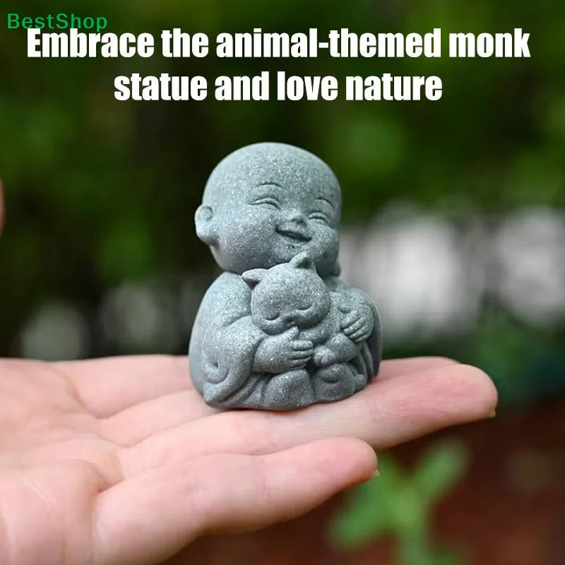 ♫Embracing Animal Monk Statue,Sandstone Finish Zen Baby Buddha Figurine,Mini Spiritual Decor for Home,Office & Garden