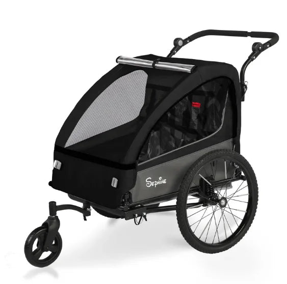 BT920 Child Bike Trailer Double Seat Max 88lbs Foldable Compact Storage Jogging Stroller Mode With Handbrake