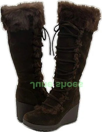 Lady Gladiator Fur Warm Wedges Heel Knee Boots Black Suede Fur Lace-Up Footwear Buckle Strap Runway Boots Fur Suede Brown Boots