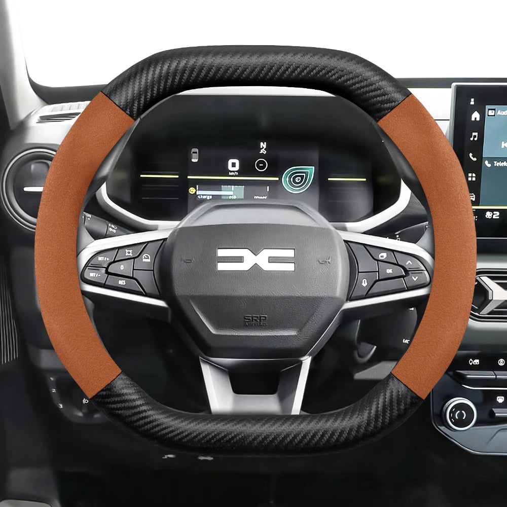 Suitable for Dacia Suede Matte Carbon Fiber Texture Steering Wheel Cover, Suitable for Models Such as Sandero Stepway, Duster, Jogger, Bigster, Spring, Electric, Cargo, Logan, Etc., Black Mocha Car Accessories