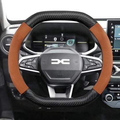 Suitable for Dacia Suede Matte Carbon Fiber Texture Steering Wheel Cover, Suitable for Models Such as Sandero Stepway, Duster, Jogger, Bigster, Spring, Electric, Cargo, Logan, Etc., Black Mocha Car Accessories