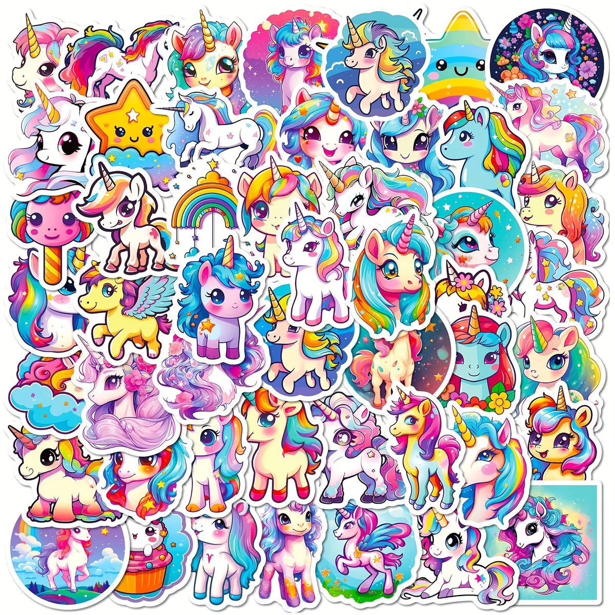 50Pcs Cute Rainbow Unicorn Stickers for Kids Waterproof Vinyl Stickers for Birthday Party Favors Cartoon Decals for Girls Gift