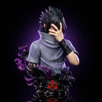 14cm Anime Naruto Uchiha Sasuke Bust Figure Mangekyou Sharingan Curse Mark Purple Flame Effect Statue High Detail PVC Figurine H