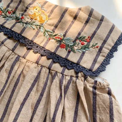 Baby Girl Pure Cotton Princess Dress Summer New Style Girls' Striped Embroidered Dress Baby Daily Wear Internet Celebrity Dress