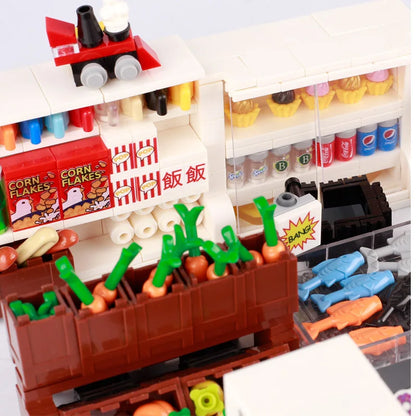 MOC City Supermarket Shop Store Building Blocks Street View Drink Food Vegetable Food Accessories Dessert Blocks Printed Bricks