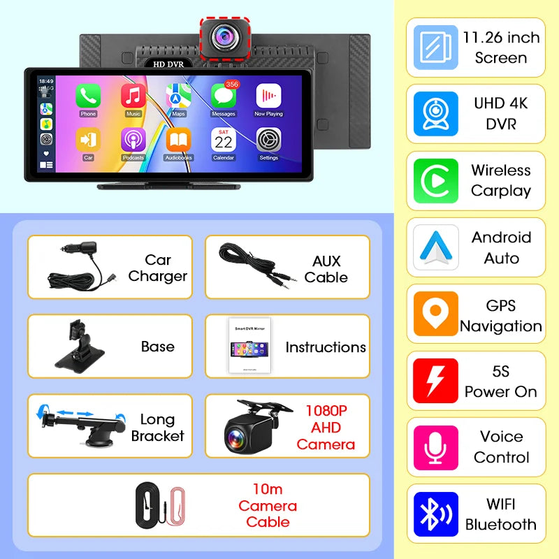 Develuck New 11.26'' 4K Car DVR Wireless CarPlay Android Auto Multimedia Player IPS Touch Screen Bluetooth Video Recorder FM AUX