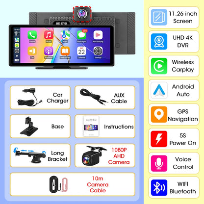 Develuck New 11.26'' 4K Car DVR Wireless CarPlay Android Auto Multimedia Player IPS Touch Screen Bluetooth Video Recorder FM AUX