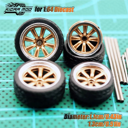 Kicarmod 1/64 Model Car ABS Wheels with Rubber Tire Metal Rims Front Small Rear Large Refitting Parts For Model Car