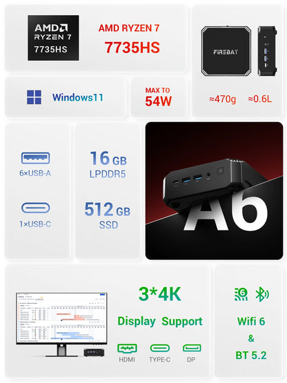 FIREBAT A6 MiniPC AMD R7 7735HS Dual Band WiFi6 BT5.2 16GB LPDDR5 RAM 512GB SSD Windows 11 Desktop Gaming Computer Mini PC