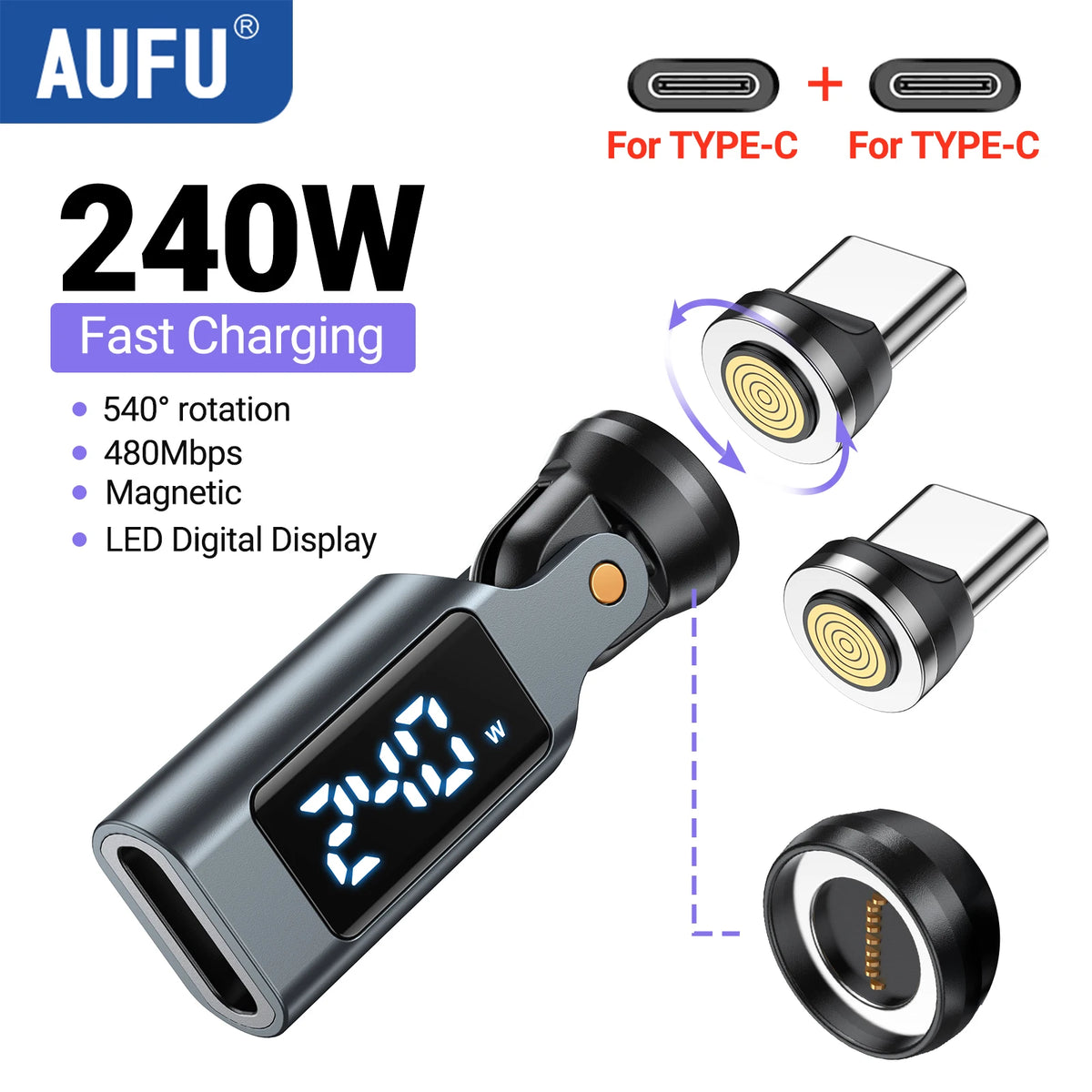 AUFU 9Pin Digital Display USB C to Type C Magnetic Adapter PD240W Fast Charging USB-C Female OTG Converter for Samsung Laptop