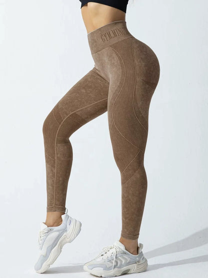 Women Seamless Gym High Waist Yoga Pants Hip Lifting Outdoor Sports Tight Waist Letter Sand Washed Pants Exercise Yoga Leggings