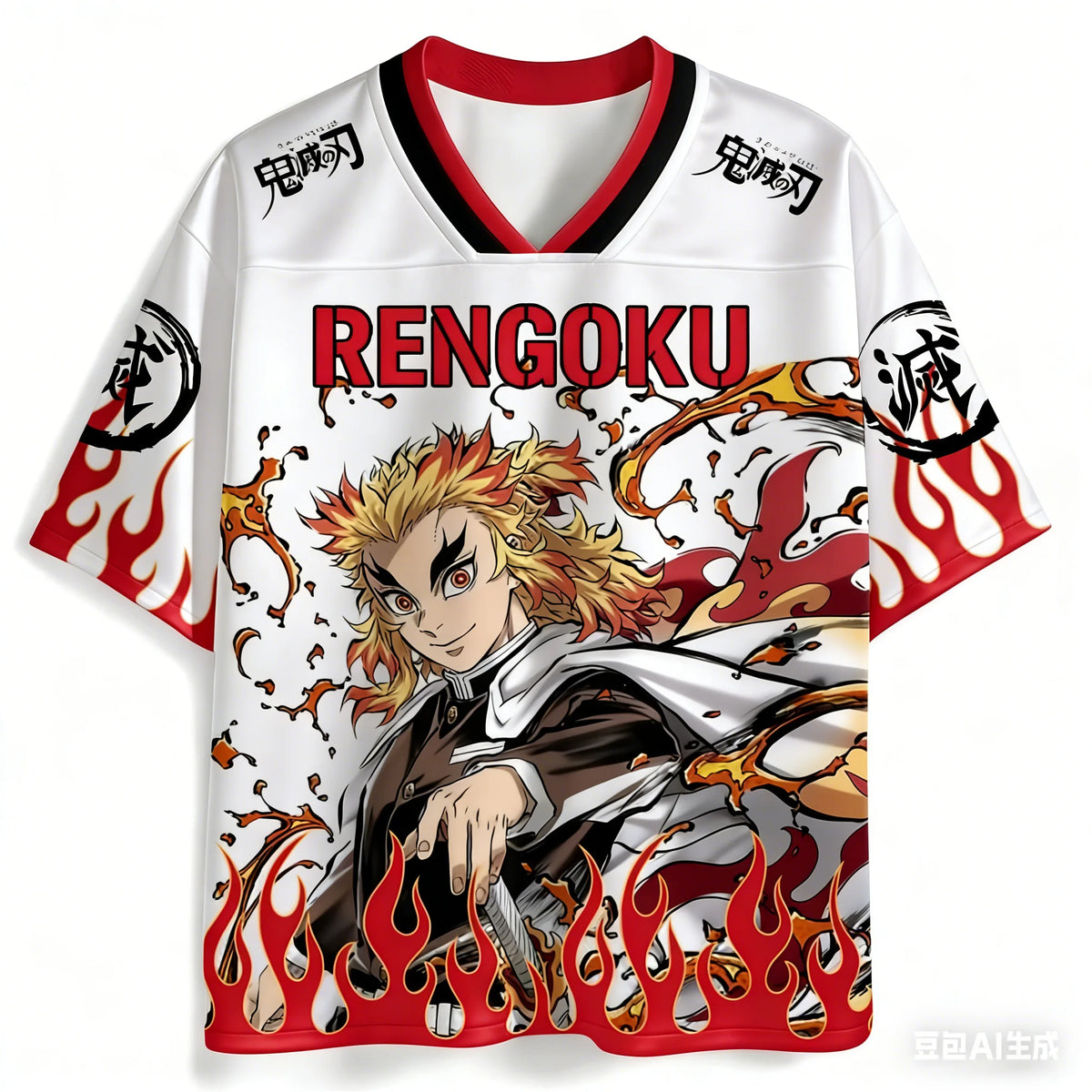 Demon Slayer Kyojuro Rengoku Flame Hashira Oversize V-Neck Jersey Unisex Streetwear Daily Casual Outfit T-shirt for Anime Fans